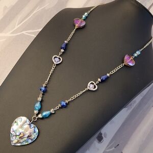 Abalone Look Heart Pendant Multi-colored Crystals Silver-tone Beads   Necklace
